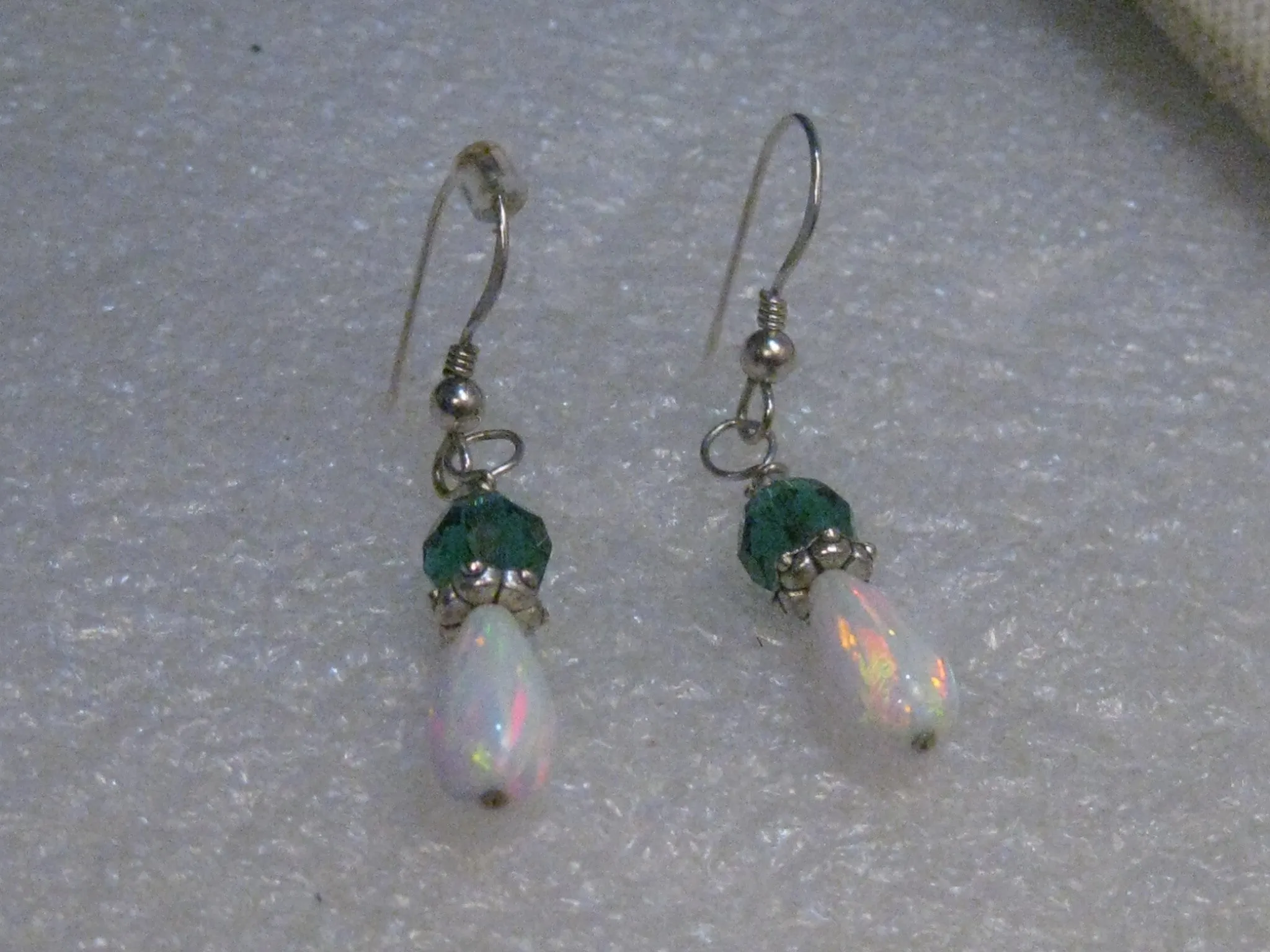Sterling Silver  Created Opal Dangle Earrings, Pierced, 1.5", Green Accents, Proms/Weddings