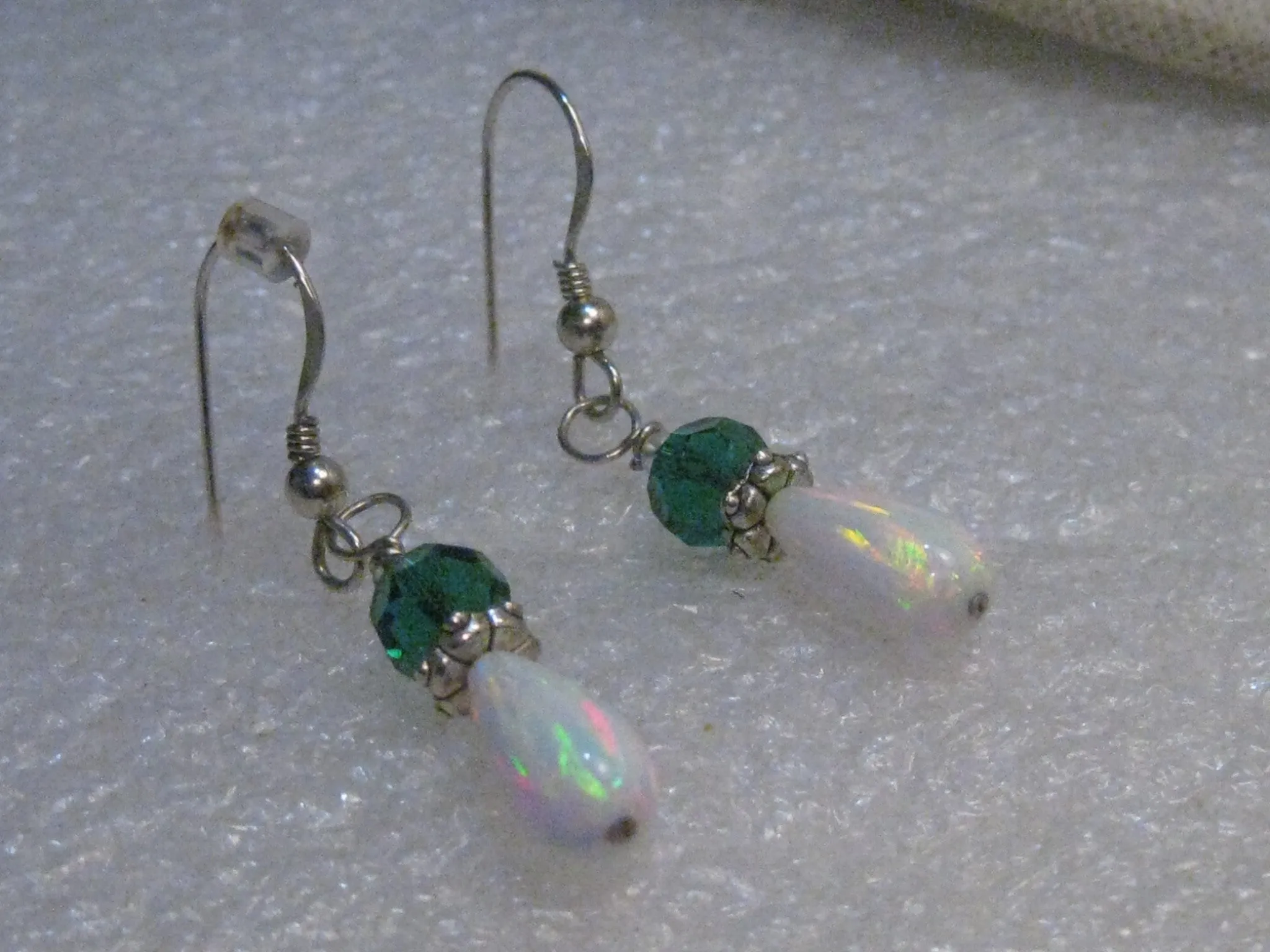 Sterling Silver  Created Opal Dangle Earrings, Pierced, 1.5", Green Accents, Proms/Weddings