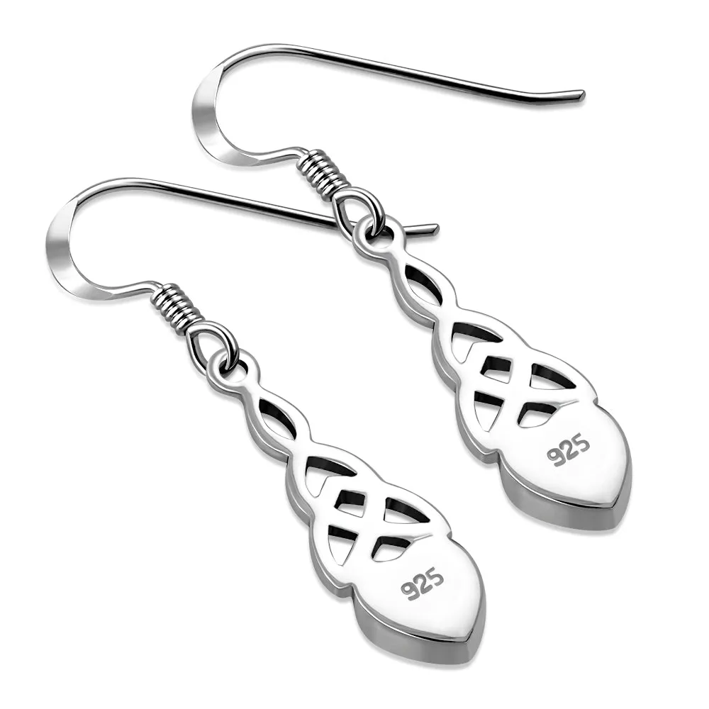 Synthetic Blue Opal Heart Celtic Trinity Silver Earrings