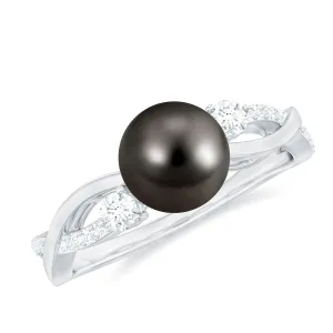 Tahitian Pearl and Diamond Crossover Engagement Ring