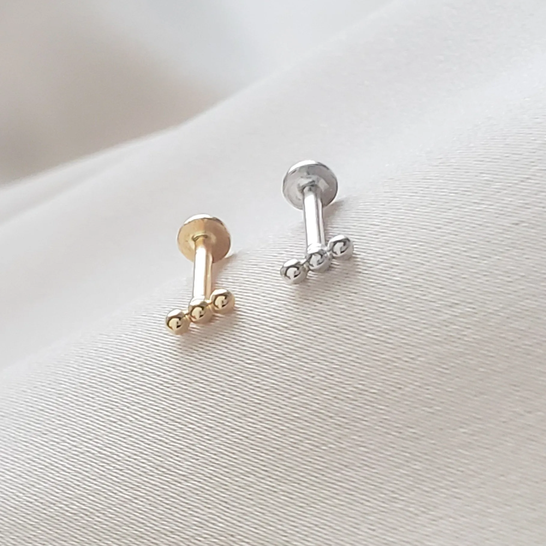 Three Bead Flat Back Stud in 14k Gold