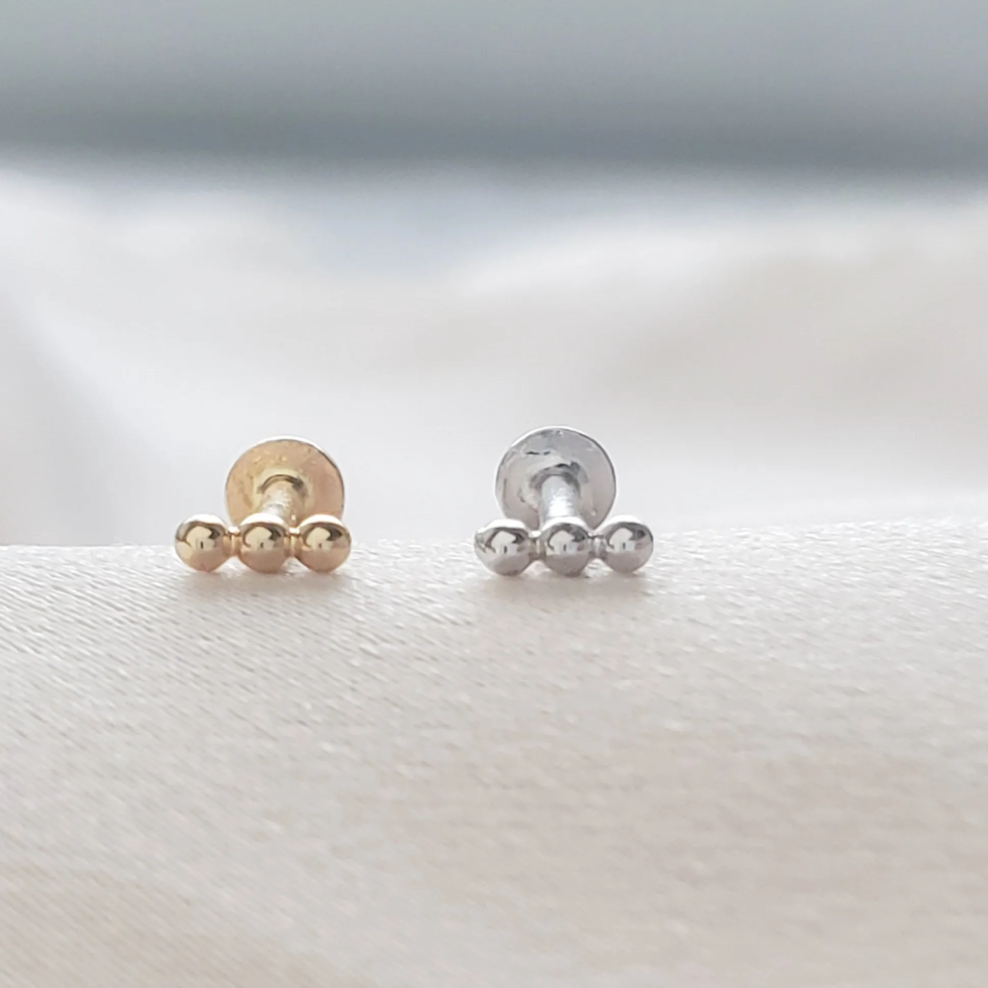 Three Bead Flat Back Stud in 14k Gold