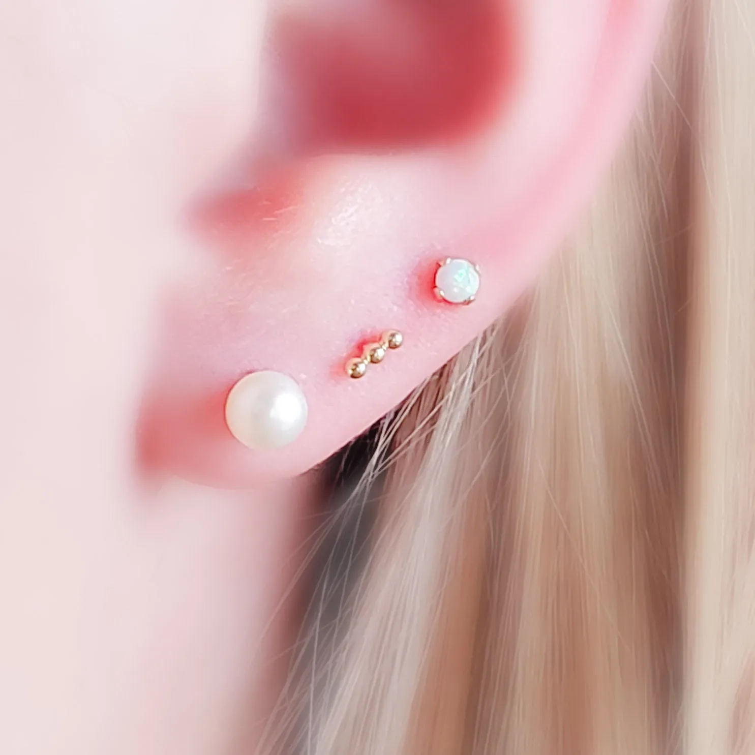 Three Bead Flat Back Stud in 14k Gold