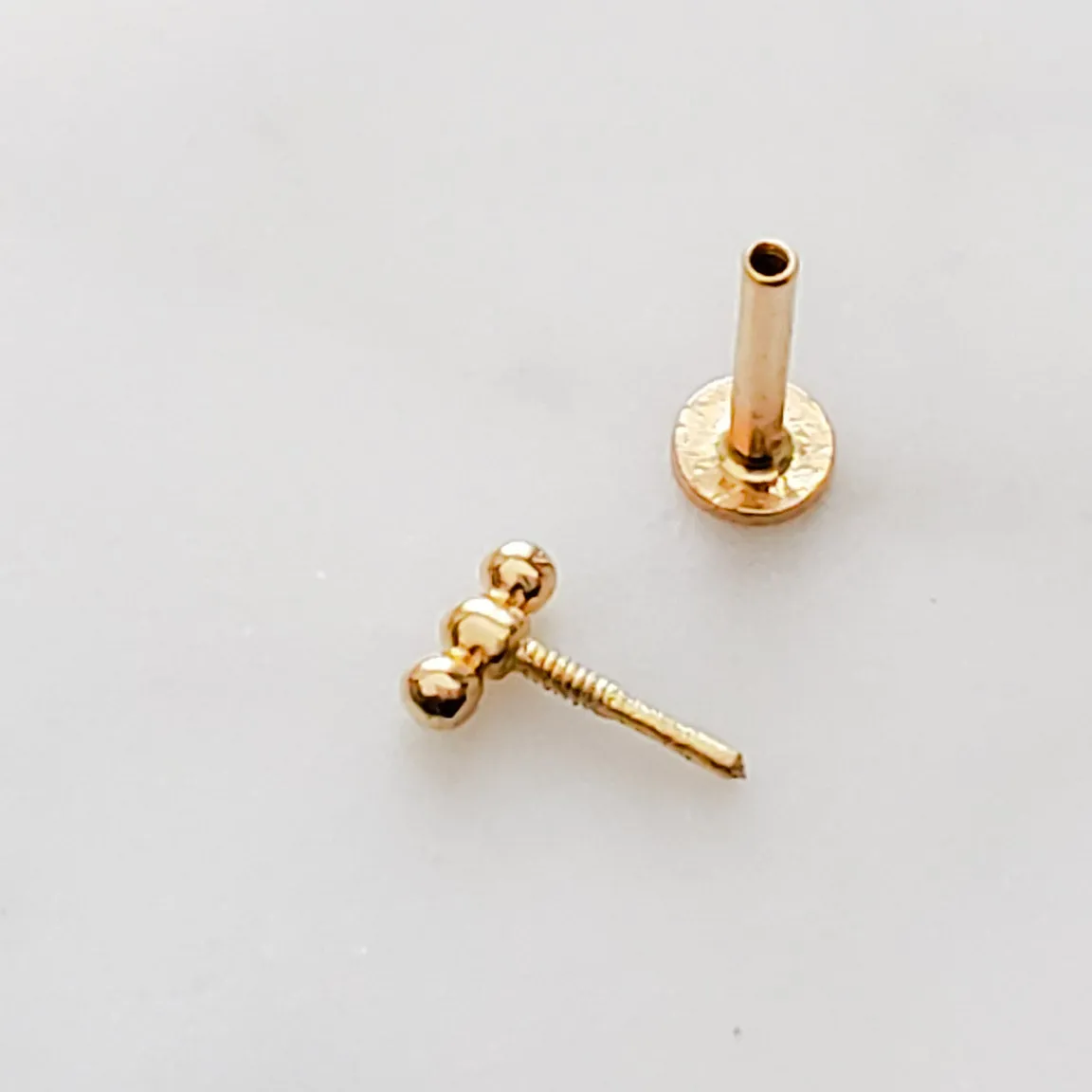 Three Bead Flat Back Stud in 14k Gold