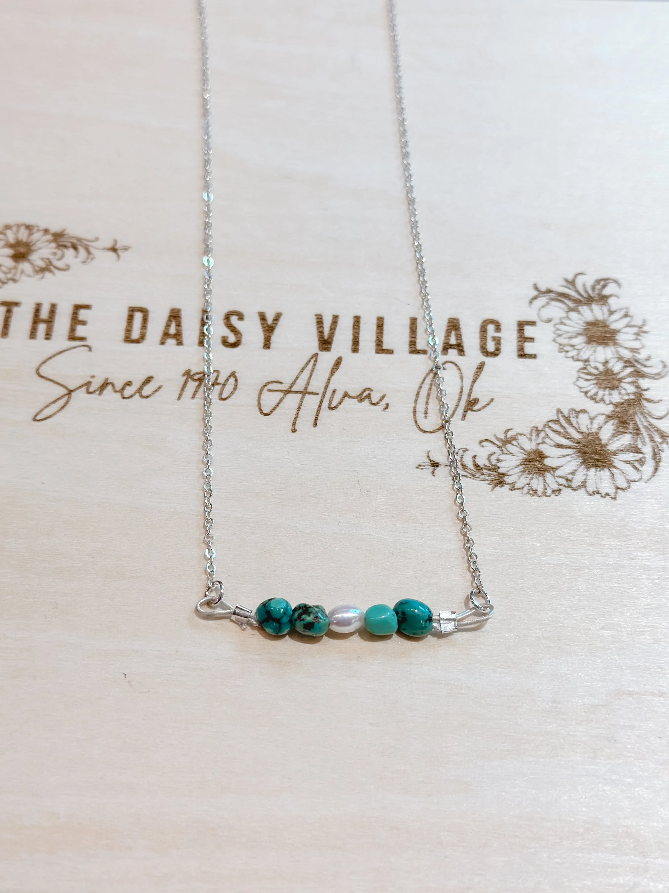 Turquoise Bar & Pearl Sterling Silver Necklace