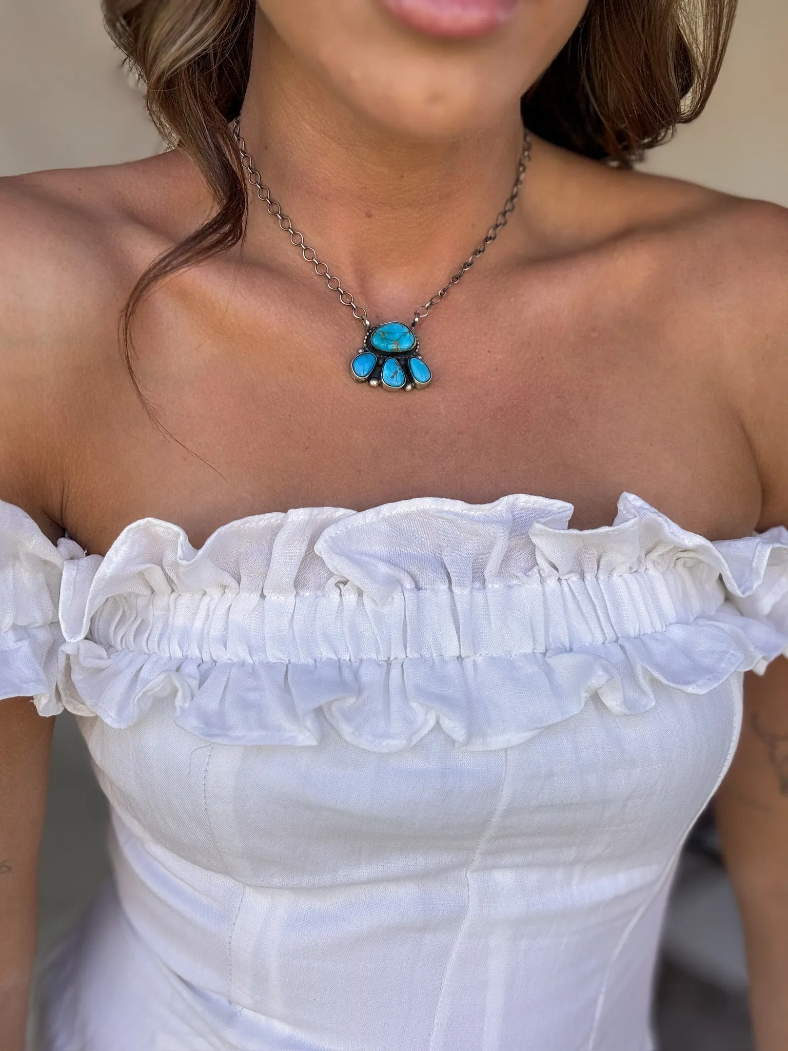 Turquoise Cluster Necklace – Native American Handmade Sterling Silver