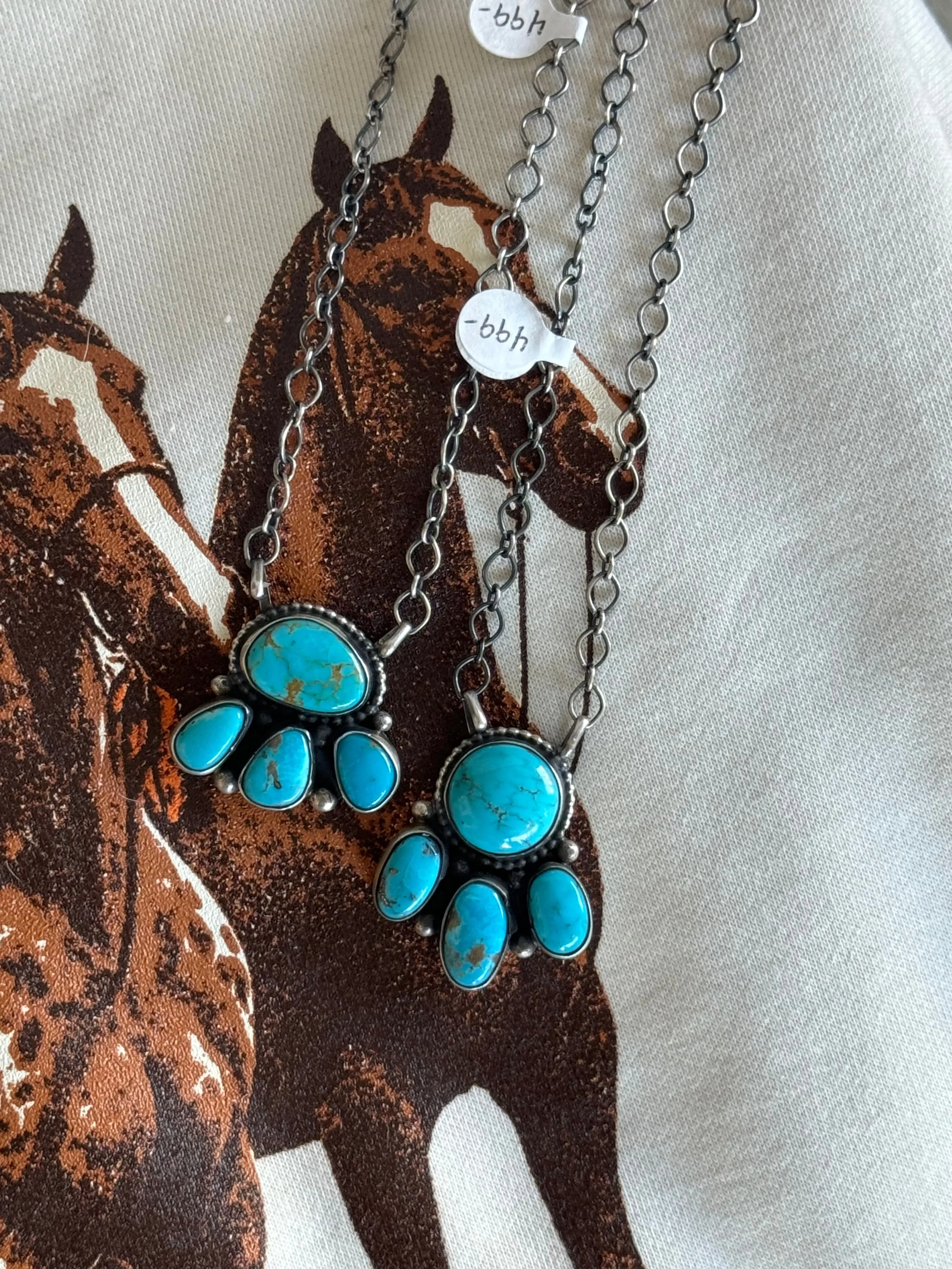 Turquoise Cluster Necklace – Native American Handmade Sterling Silver