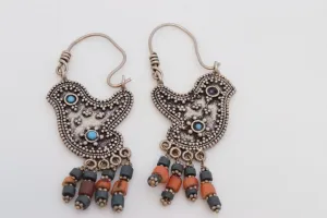 Vintage Afghani Uzbek Style Silver Bird Earrings with turquoise and coral