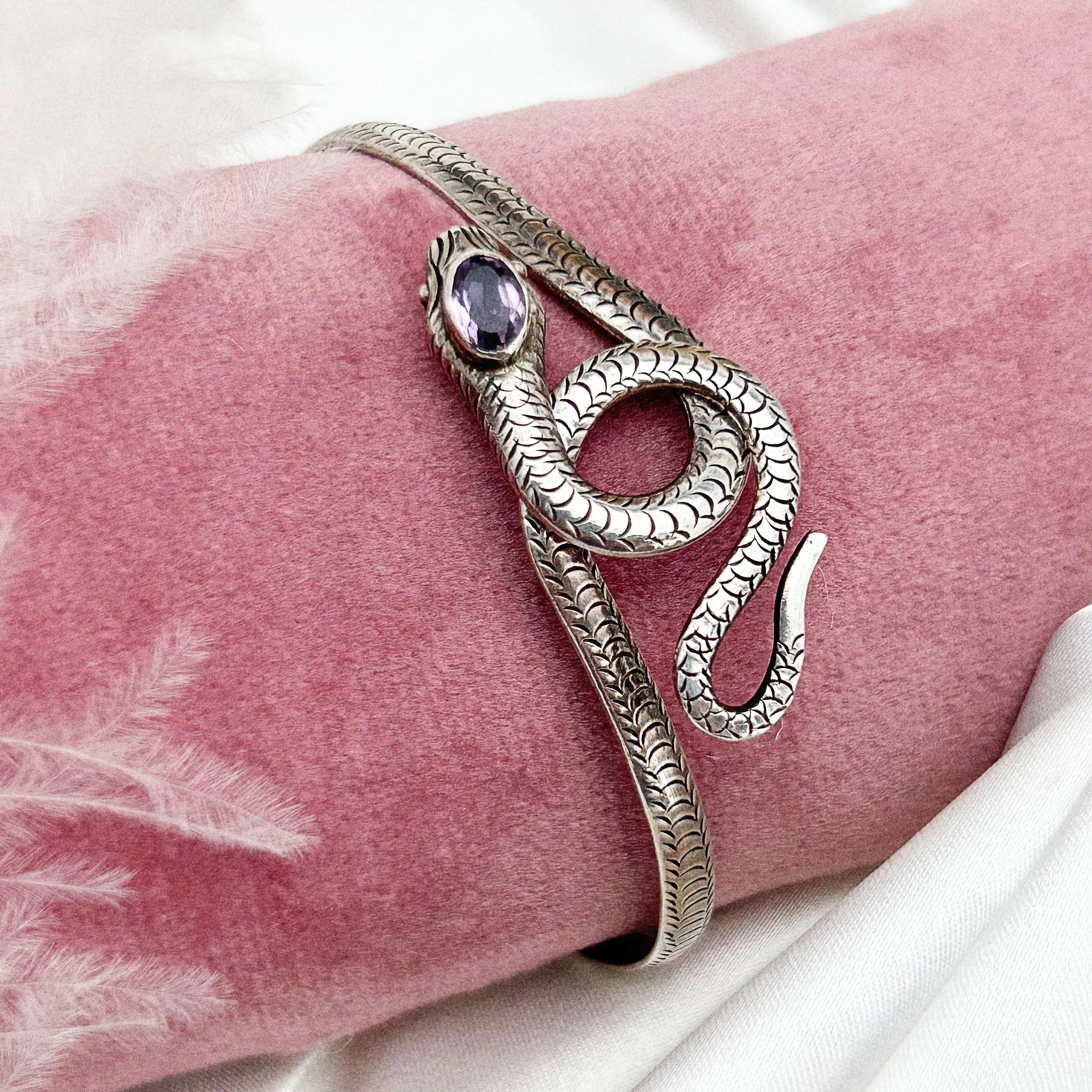 Vintage Amethyst 3rd Eye Serpent Sterling Silver Bangle