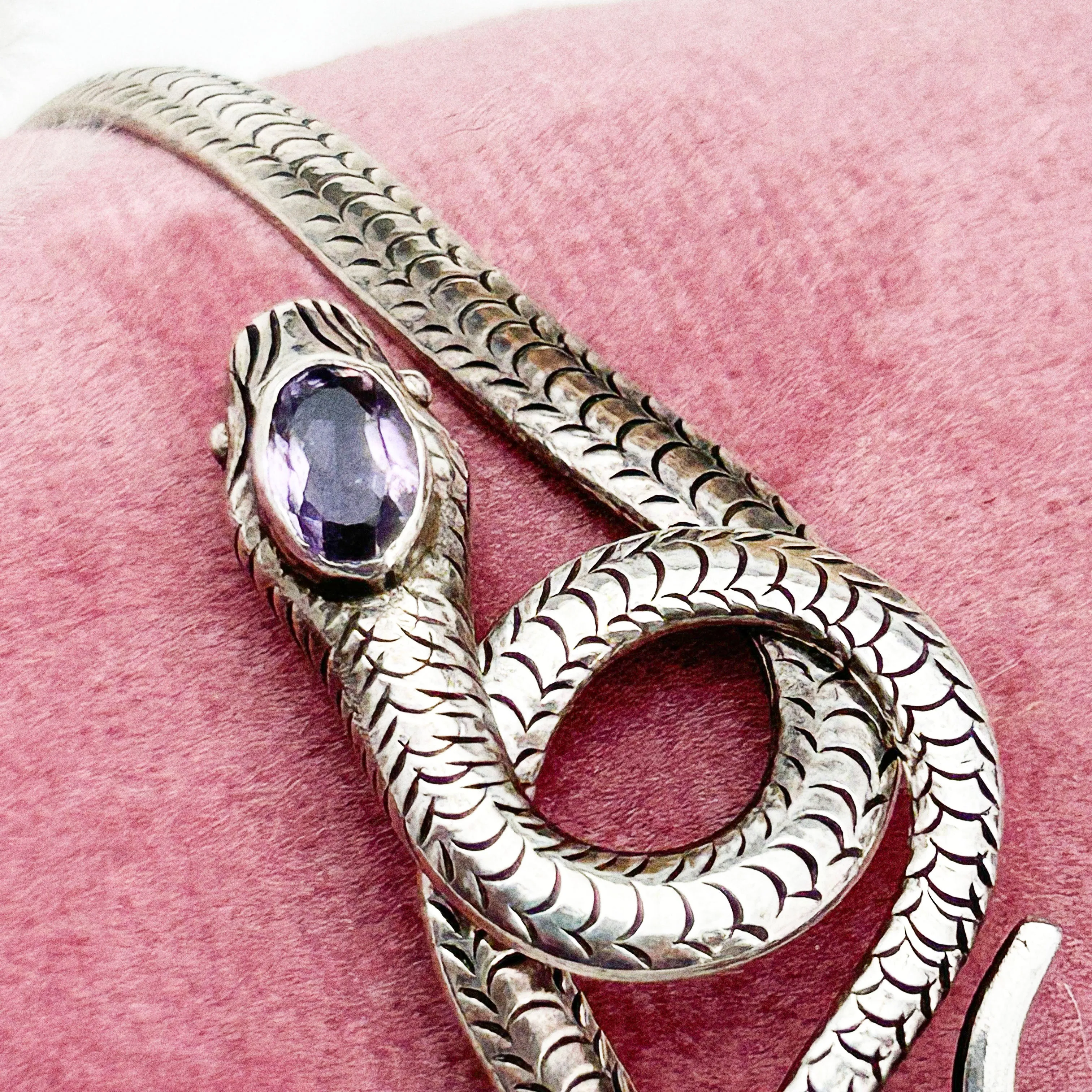 Vintage Amethyst 3rd Eye Serpent Sterling Silver Bangle