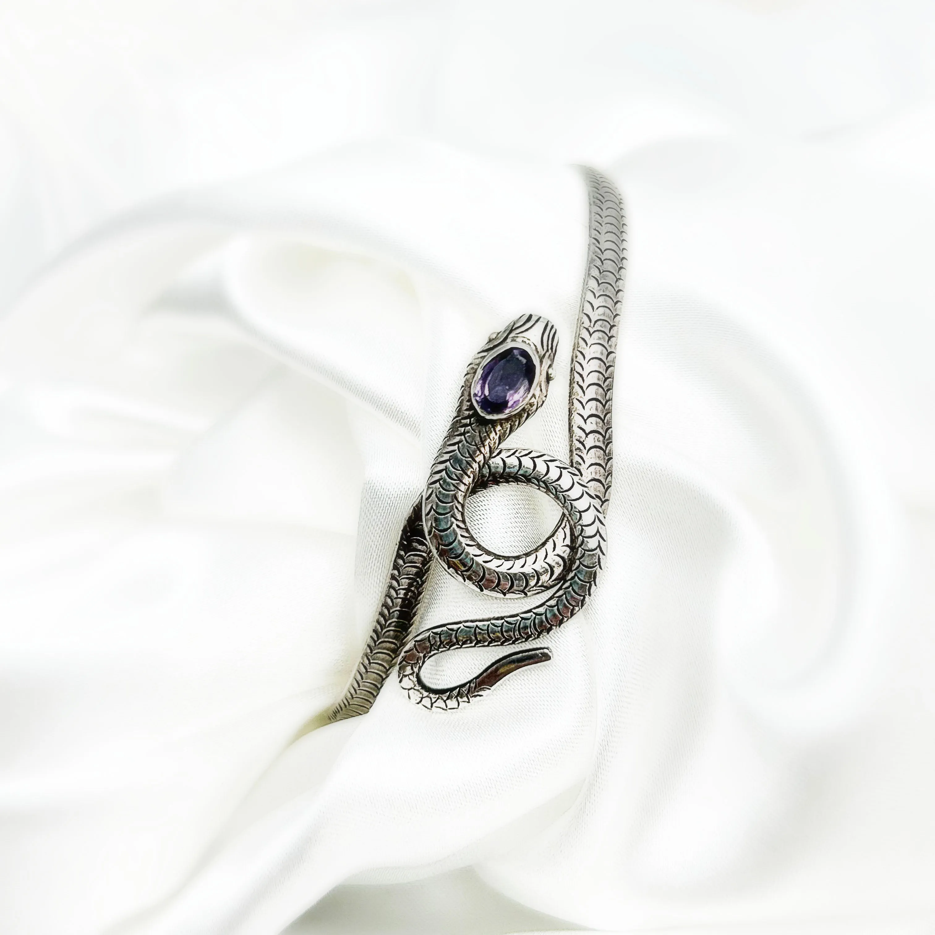 Vintage Amethyst 3rd Eye Serpent Sterling Silver Bangle