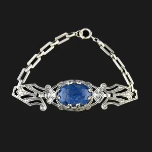 Vintage Art Deco Silver Lapis Lazuli Marcasite Chain Bracelet
