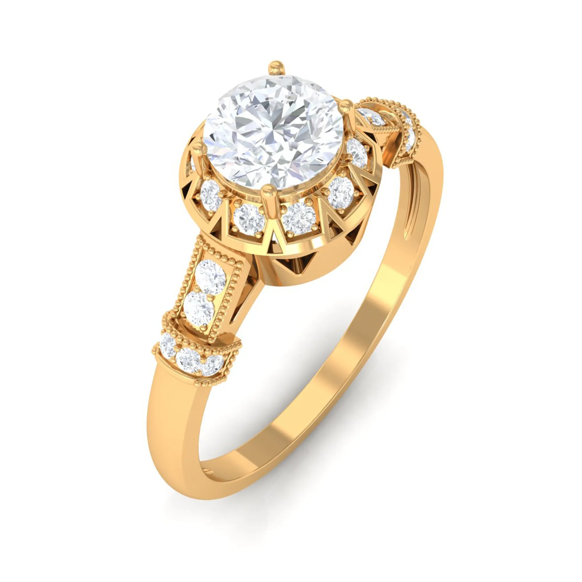 Vintage Cubic Zirconia Engagement Ring with Beaded Gold