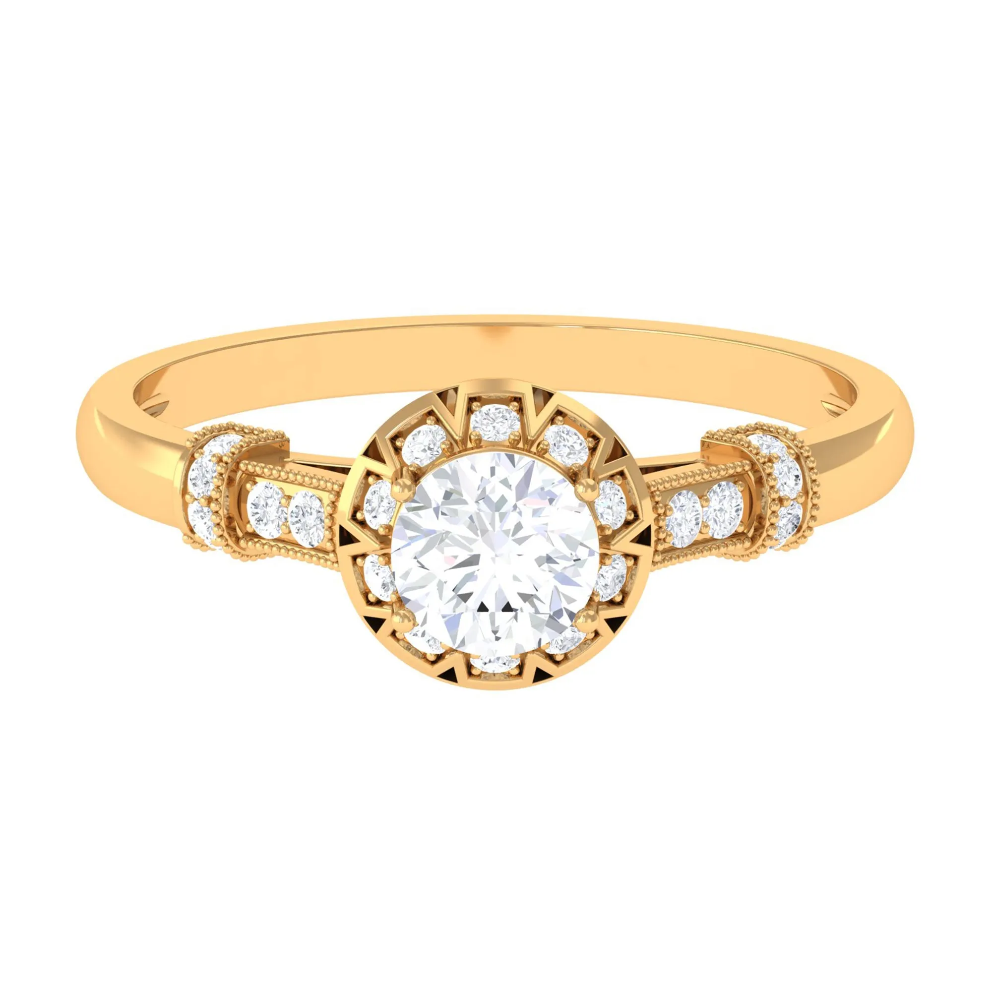 Vintage Cubic Zirconia Engagement Ring with Beaded Gold