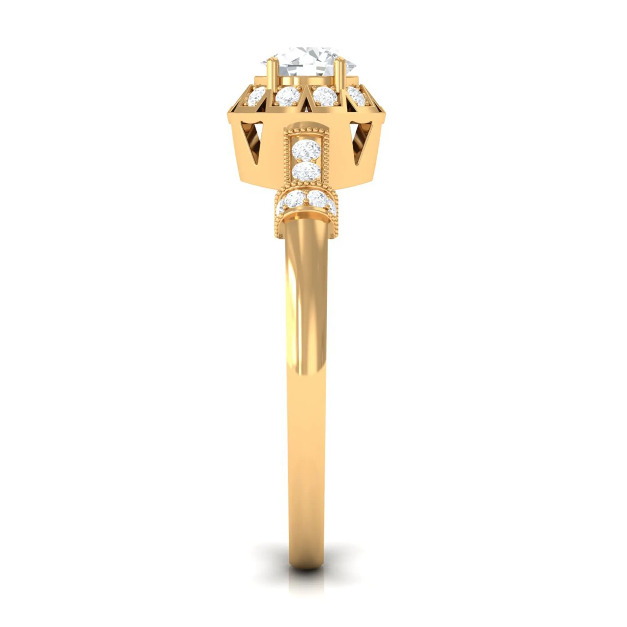 Vintage Cubic Zirconia Engagement Ring with Beaded Gold