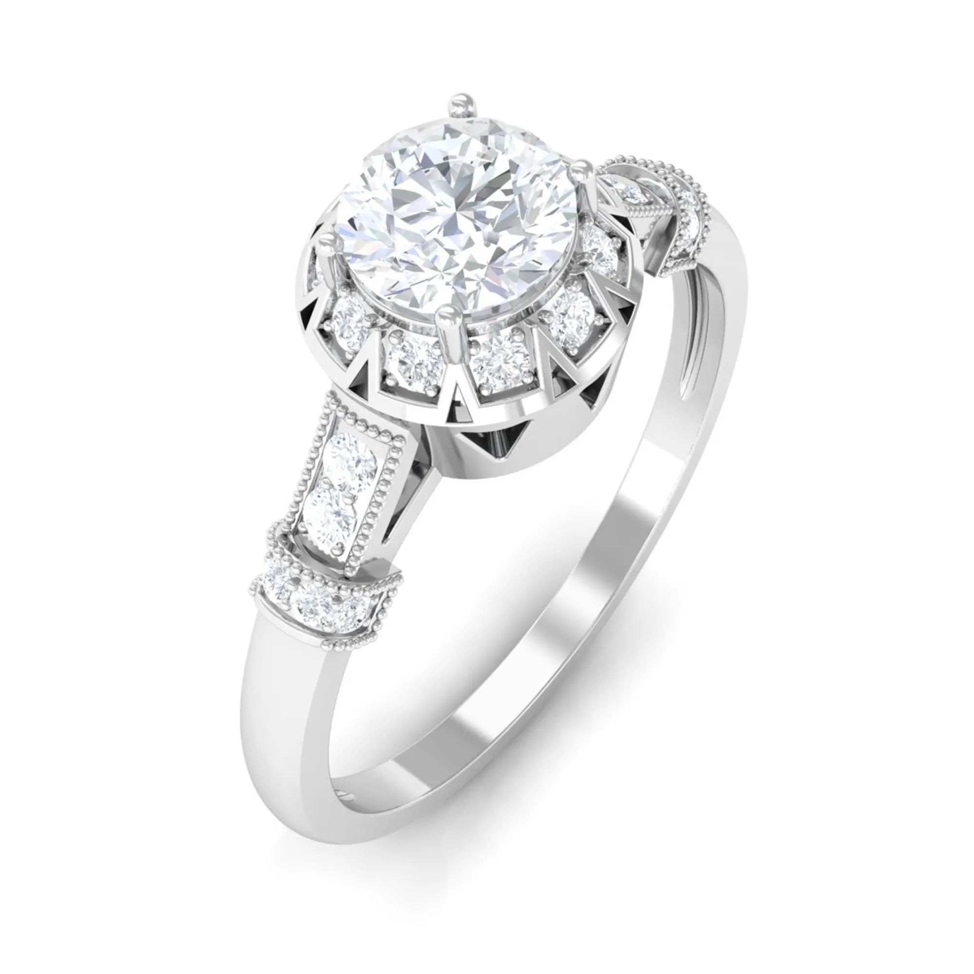 Vintage Cubic Zirconia Engagement Ring with Beaded Gold