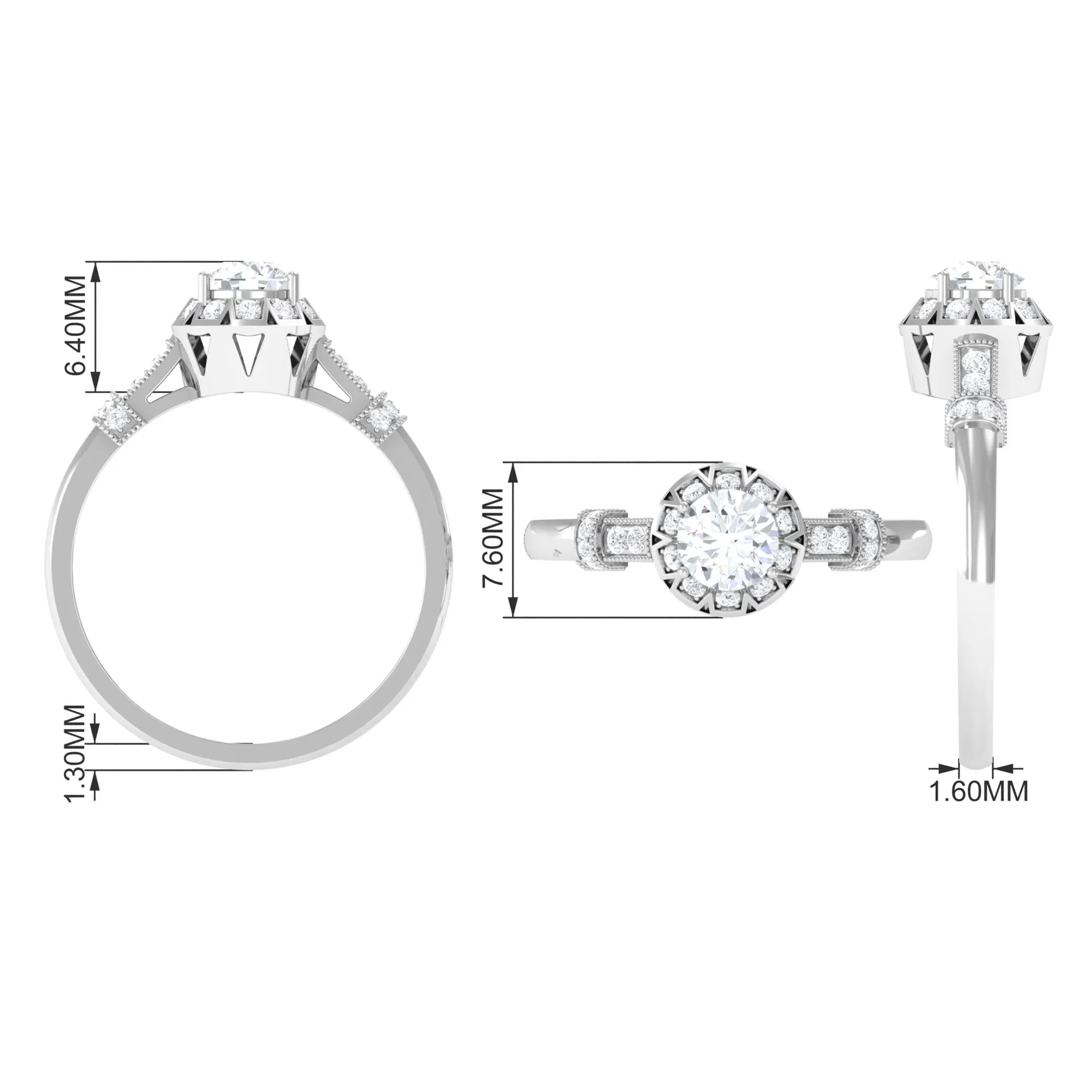 Vintage Cubic Zirconia Engagement Ring with Beaded Gold