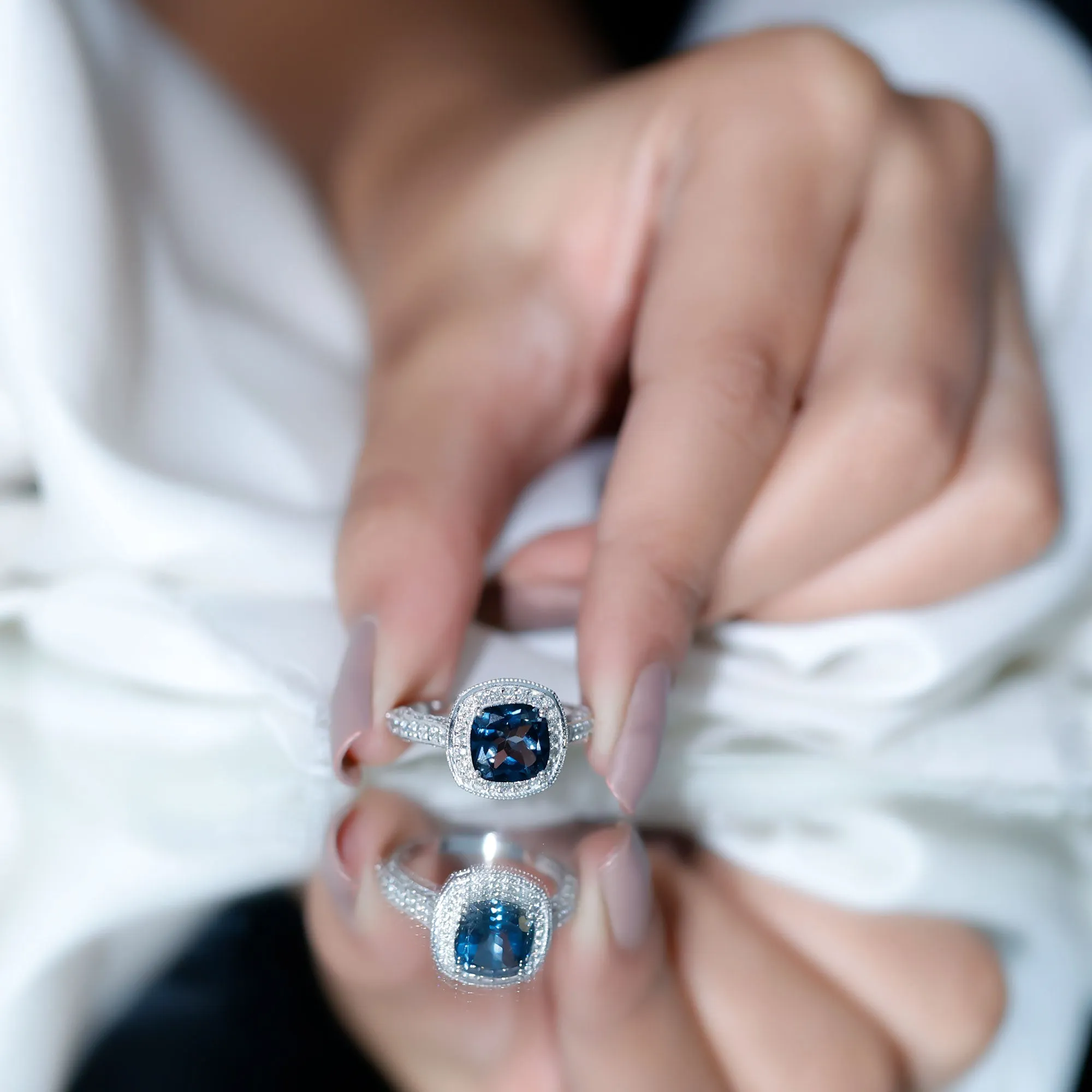 Vintage Cushion Cut London Blue Topaz Halo Engagement Ring with Diamond