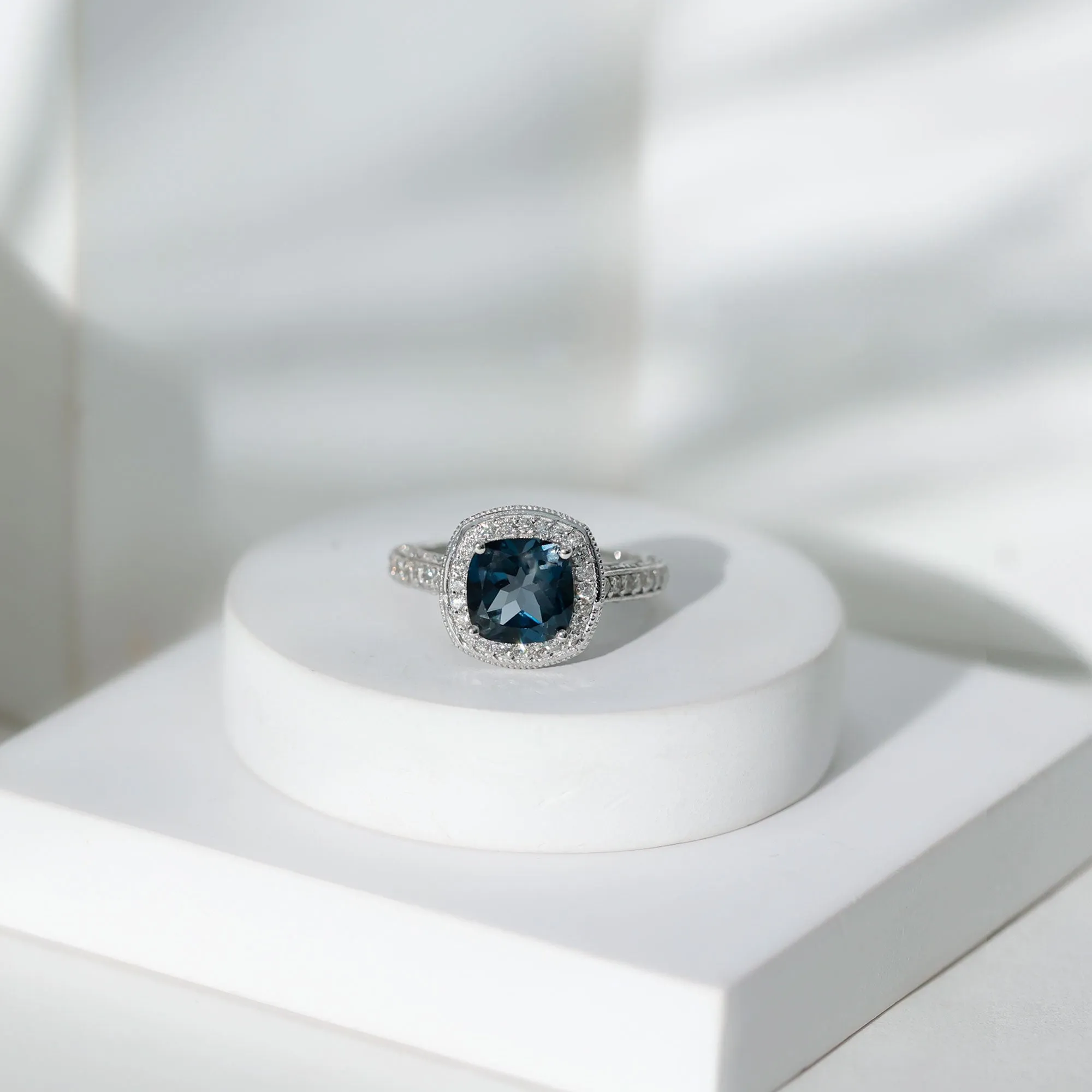 Vintage Cushion Cut London Blue Topaz Halo Engagement Ring with Diamond