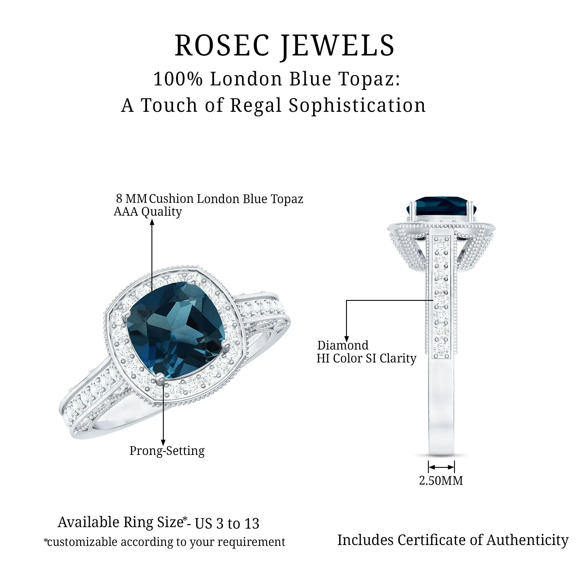 Vintage Cushion Cut London Blue Topaz Halo Engagement Ring with Diamond