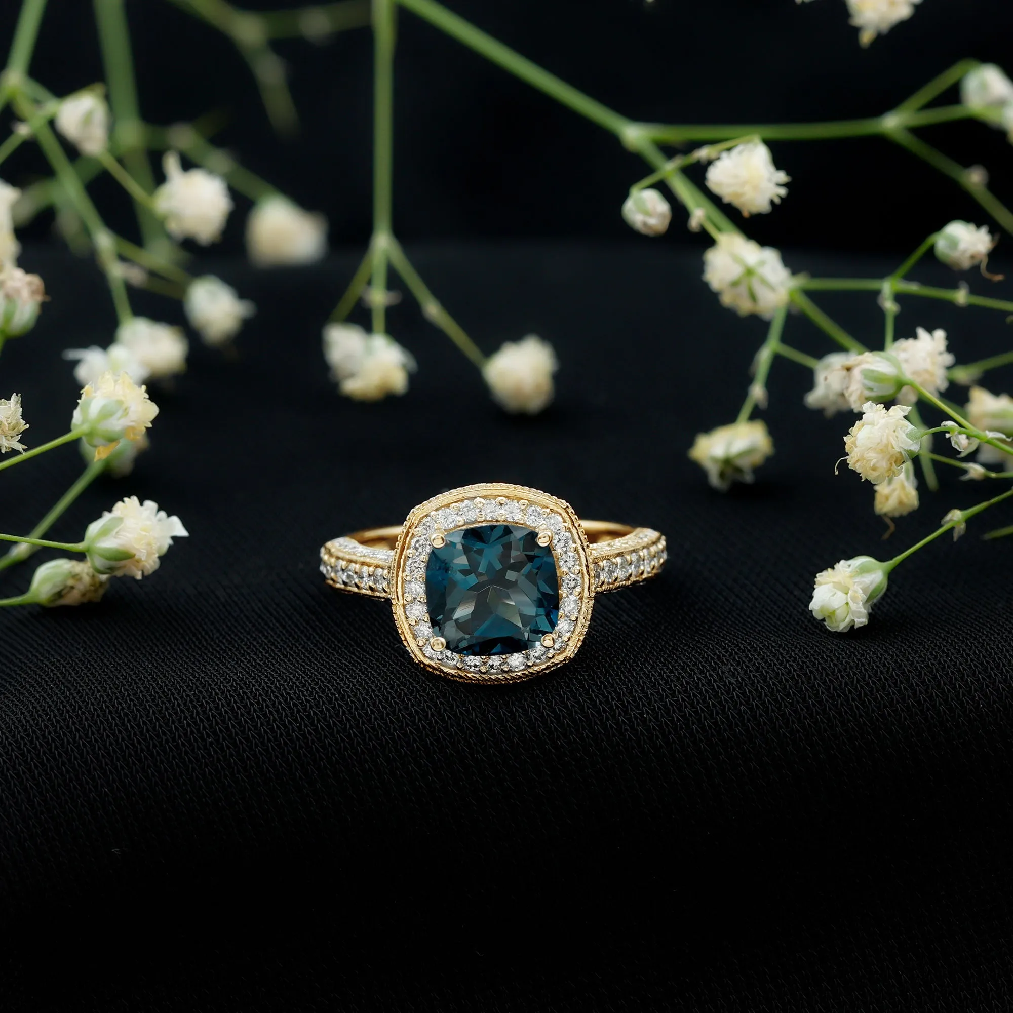 Vintage Cushion Cut London Blue Topaz Halo Engagement Ring with Diamond