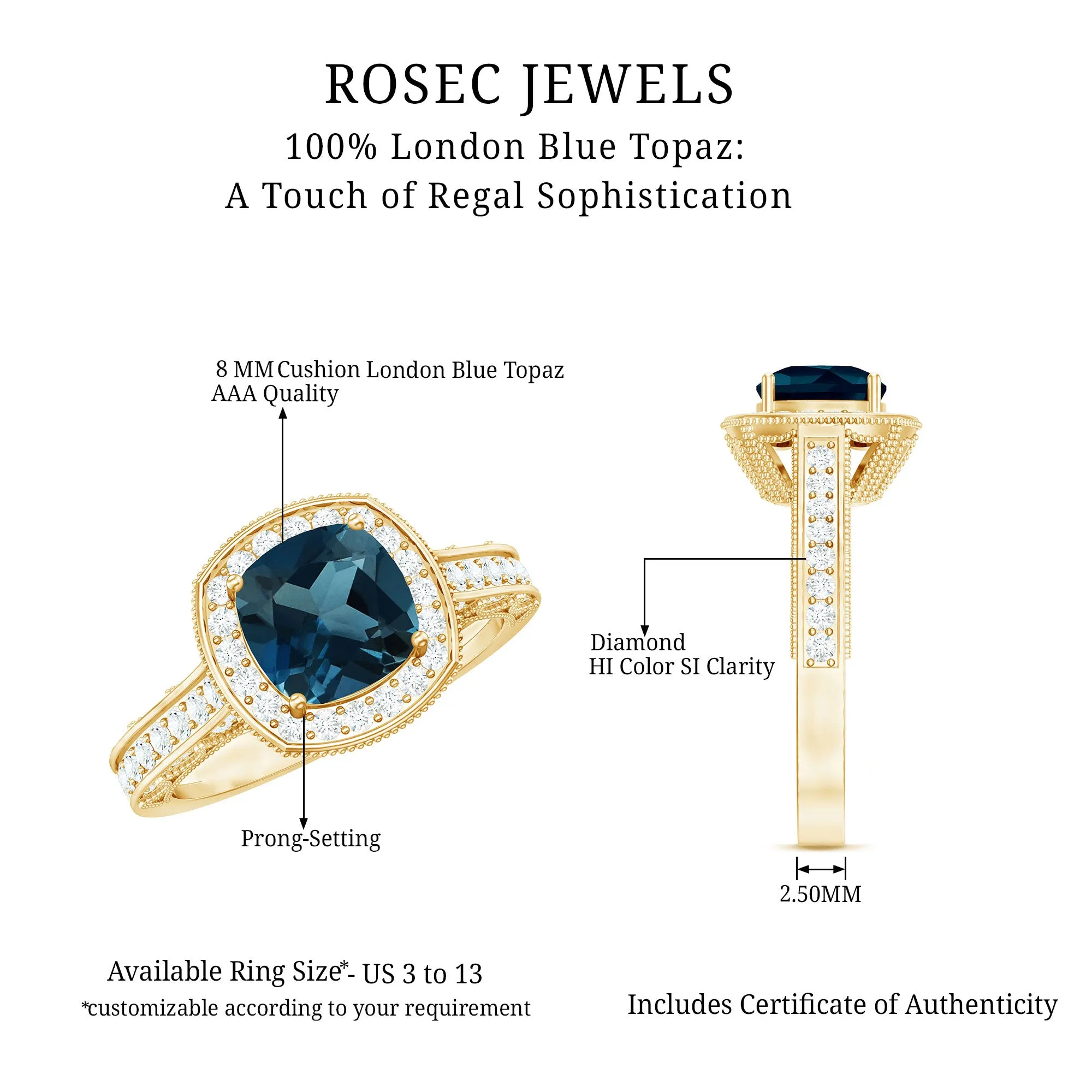 Vintage Cushion Cut London Blue Topaz Halo Engagement Ring with Diamond
