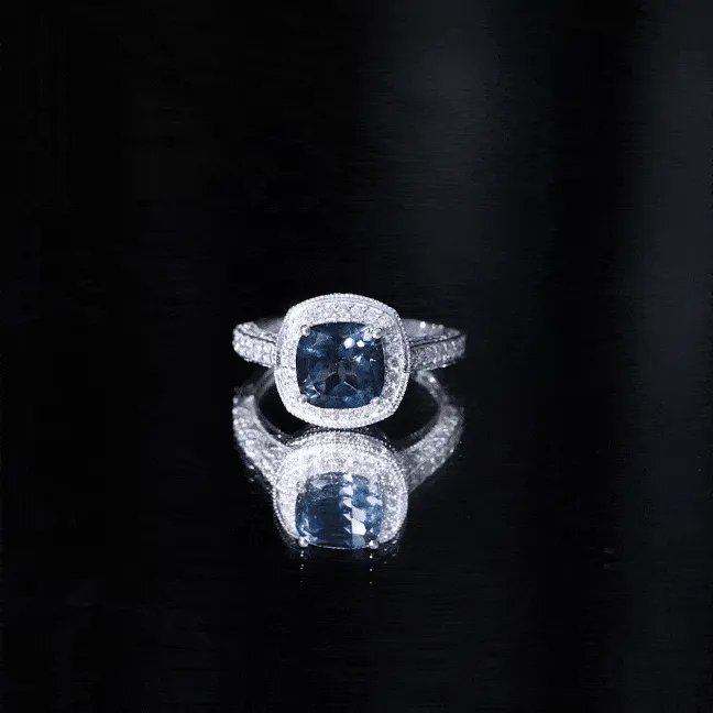 Vintage Cushion Cut London Blue Topaz Halo Engagement Ring with Diamond