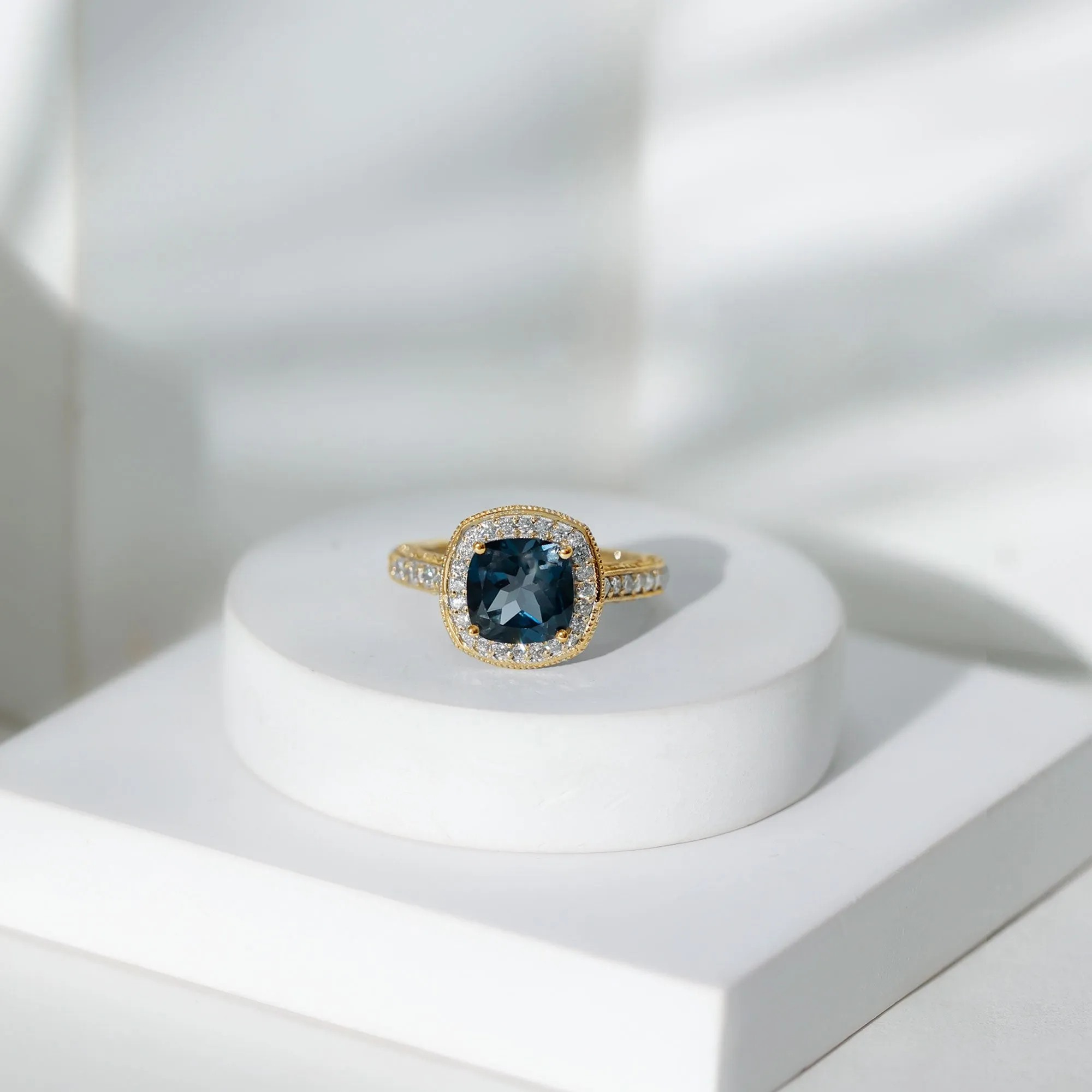 Vintage Cushion Cut London Blue Topaz Halo Engagement Ring with Diamond