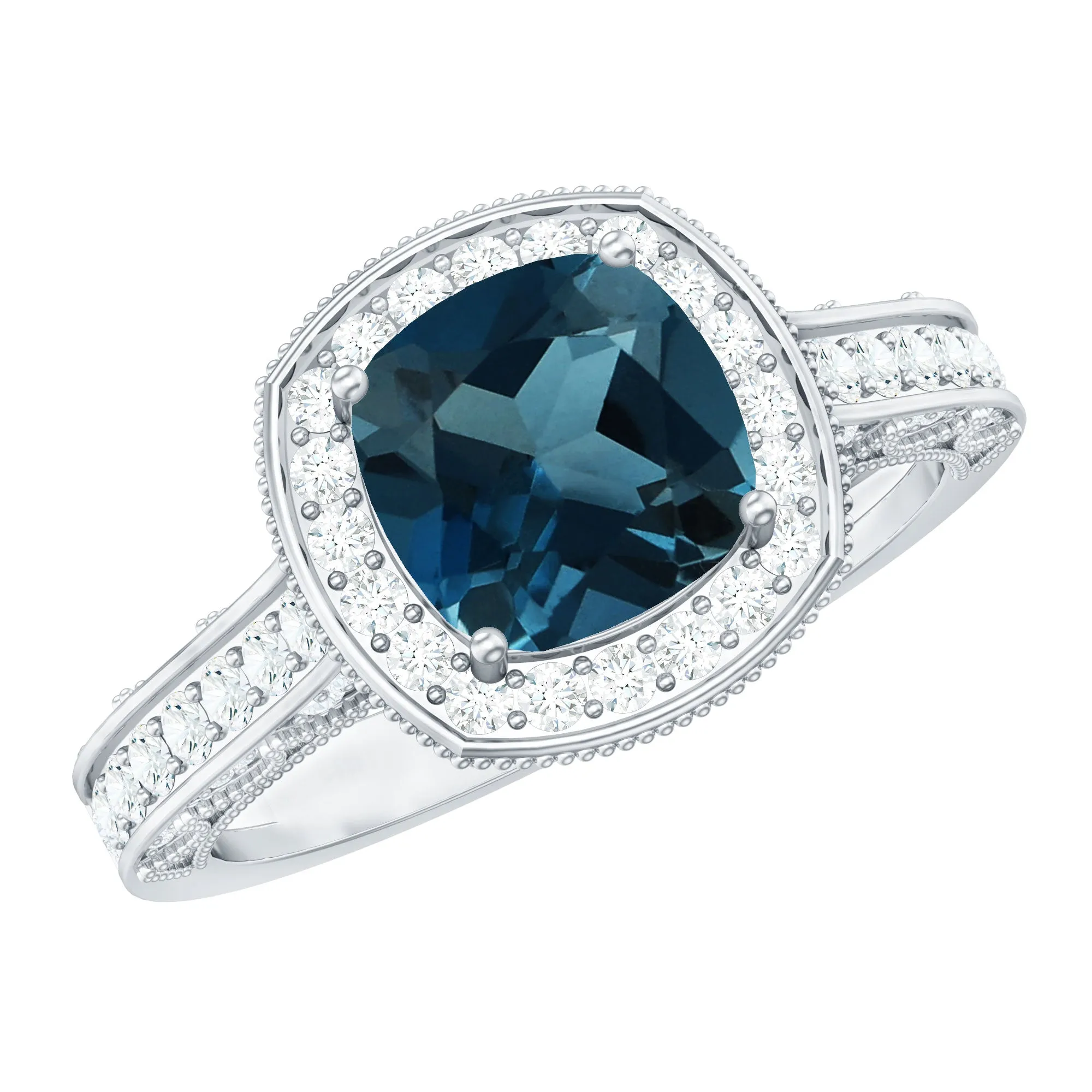 Vintage Cushion Cut London Blue Topaz Halo Engagement Ring with Diamond