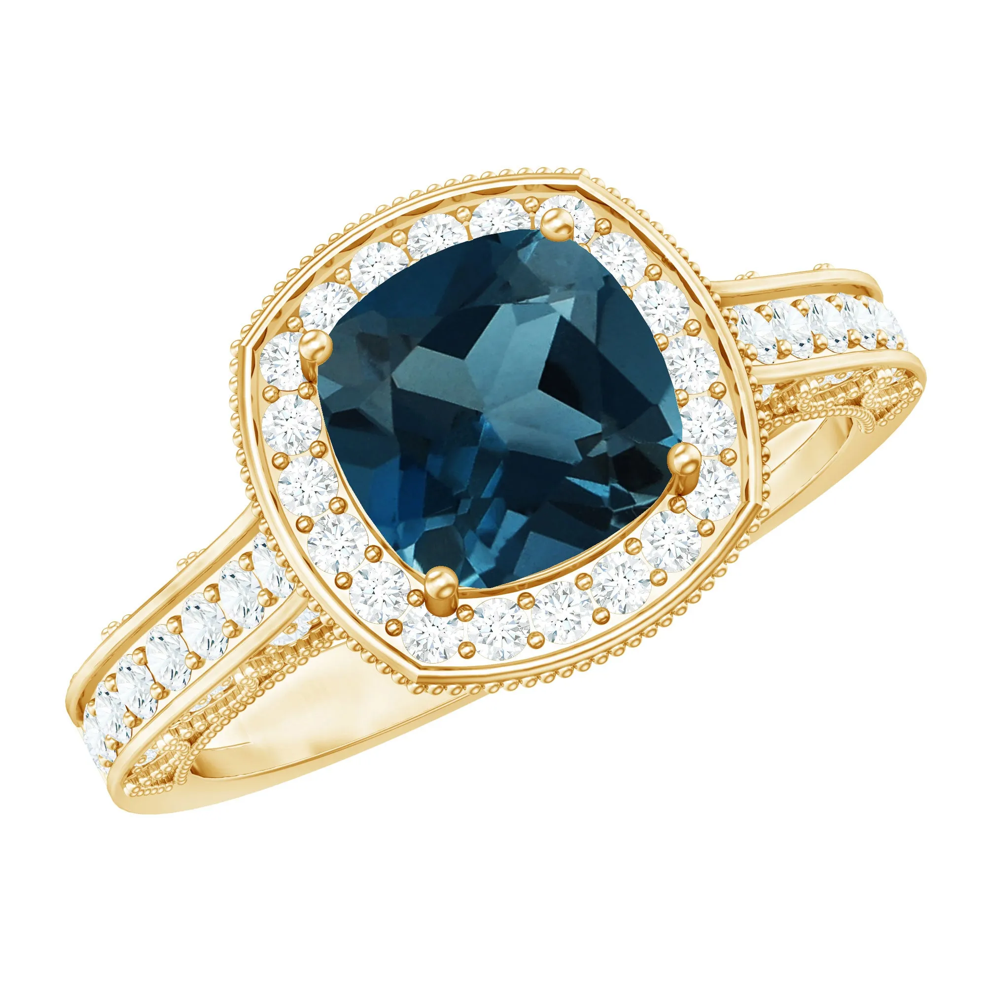 Vintage Cushion Cut London Blue Topaz Halo Engagement Ring with Diamond