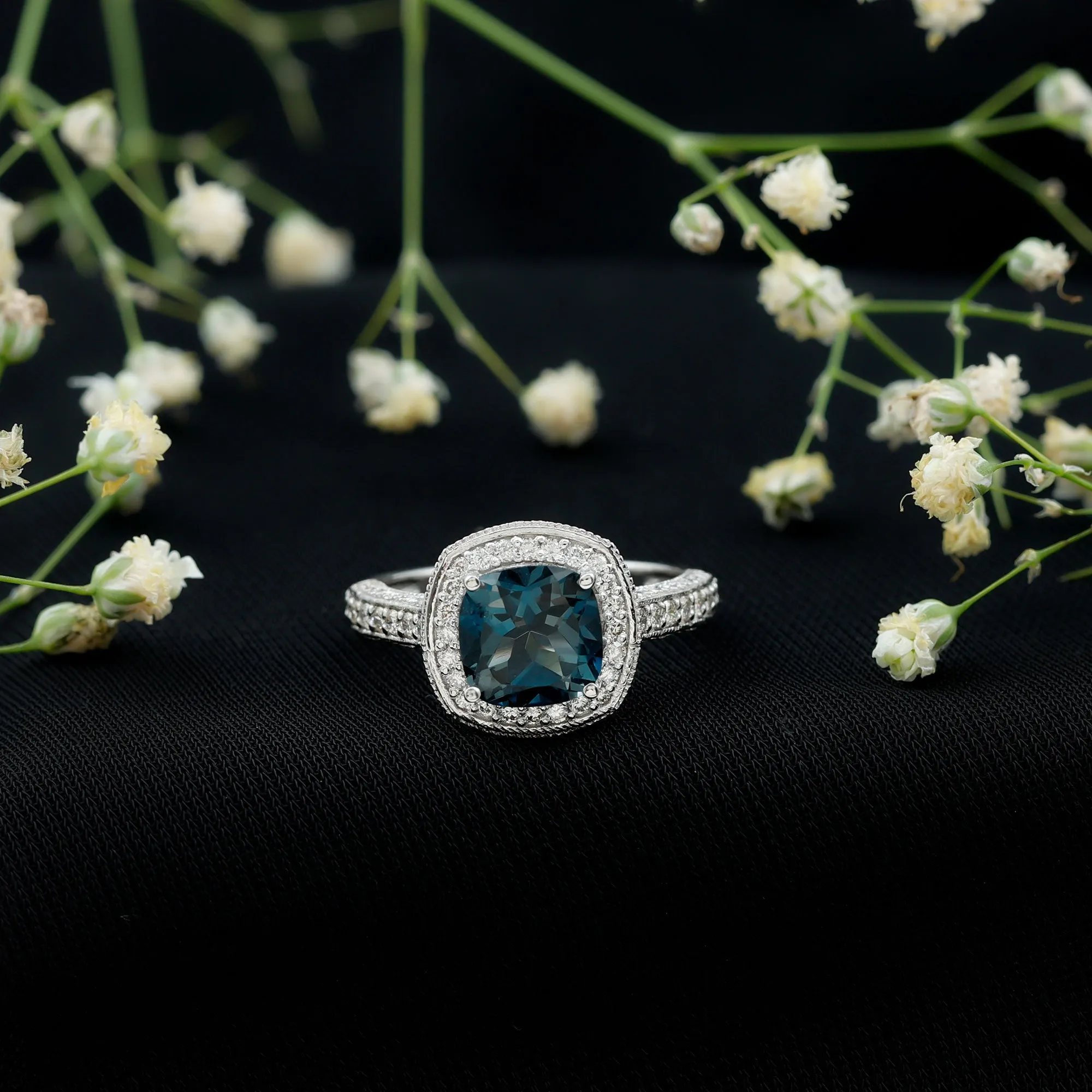 Vintage Cushion Cut London Blue Topaz Halo Engagement Ring with Diamond