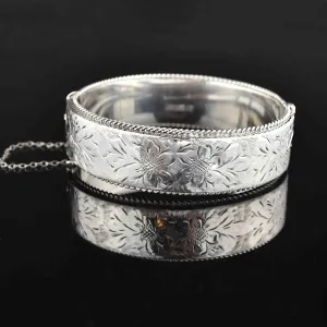 Vintage Floral Engraved Silver Bangle Bracelet