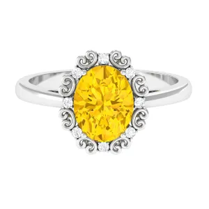 Vintage Inspired Lab Grown Yellow Sapphire Oval Engagement Ring