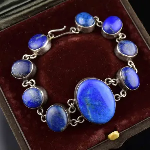 Vintage Silver Lapis Lazuli Link Chain Bracelet