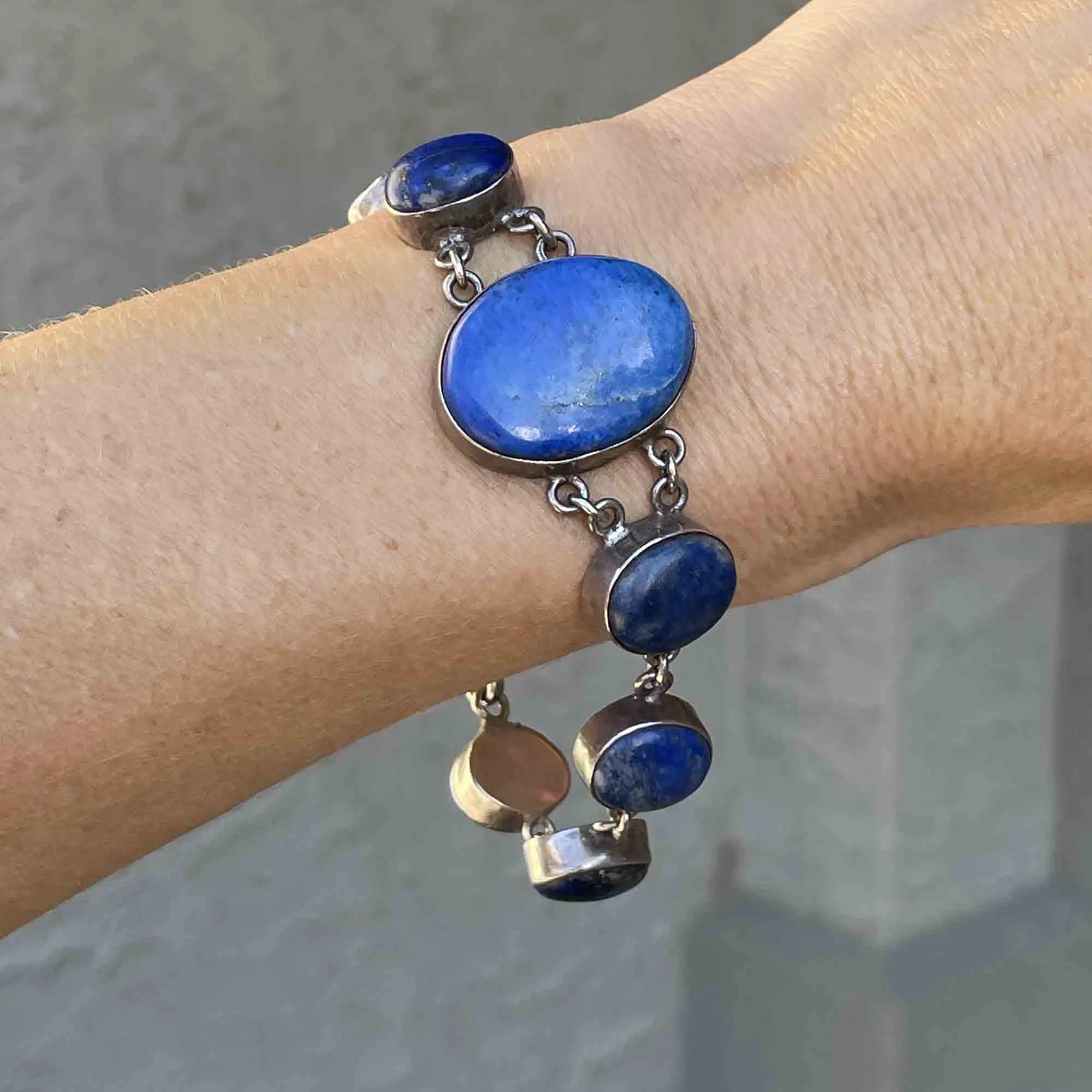 Vintage Silver Lapis Lazuli Link Chain Bracelet