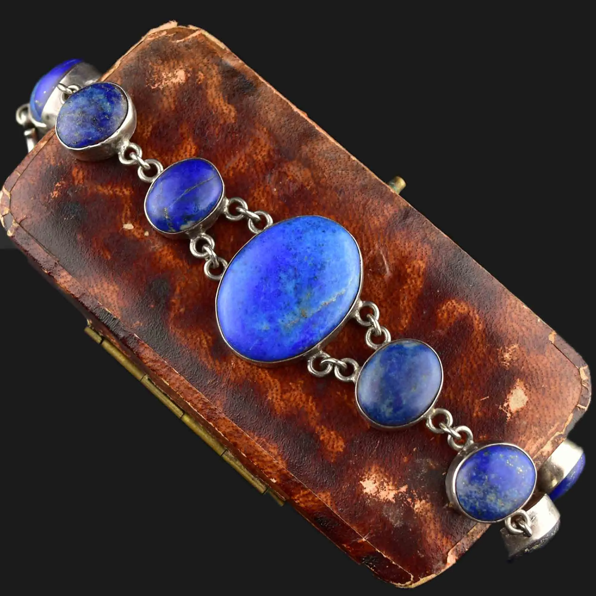 Vintage Silver Lapis Lazuli Link Chain Bracelet