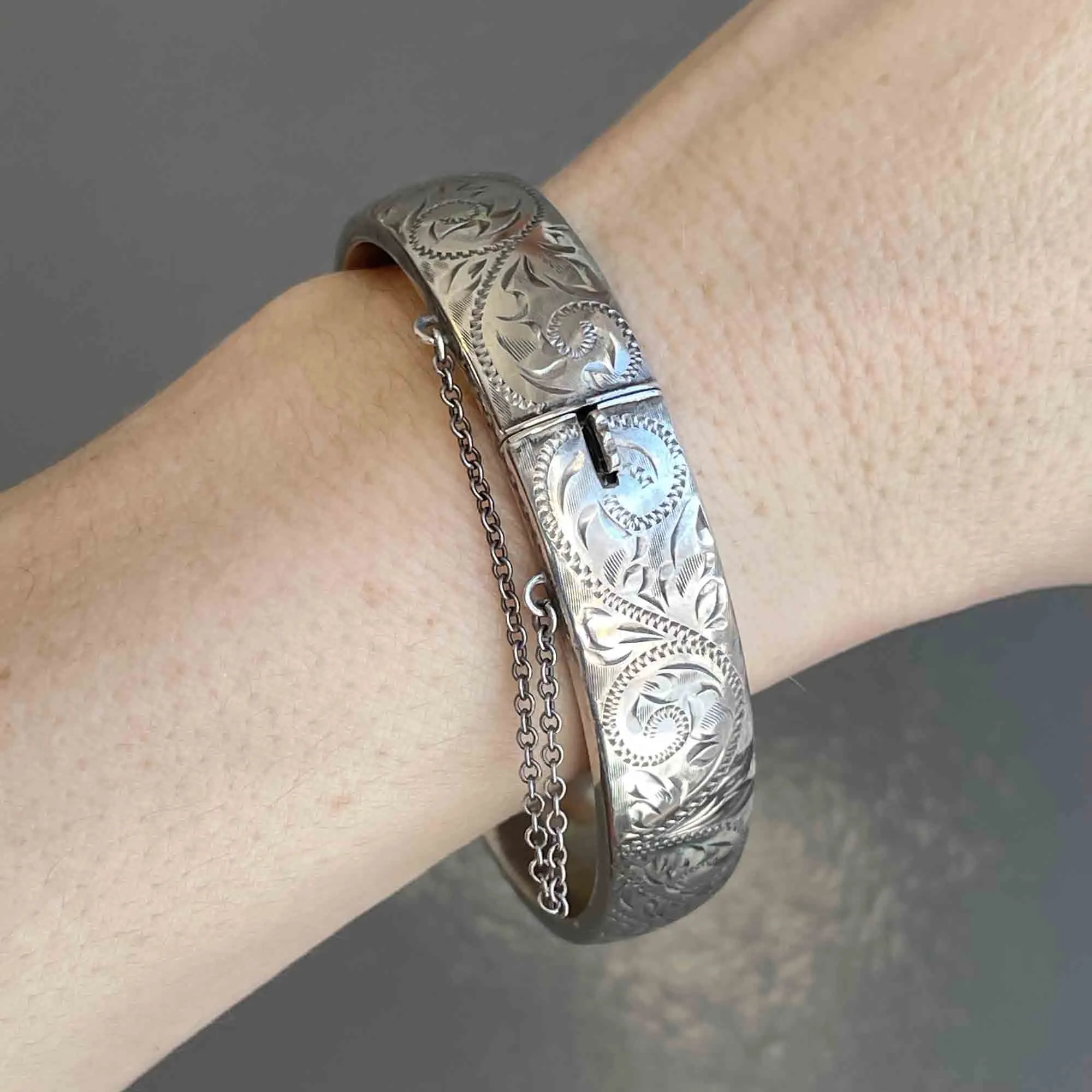 Vintage Sterling Silver Ornate Engraved Bangle Bracelet