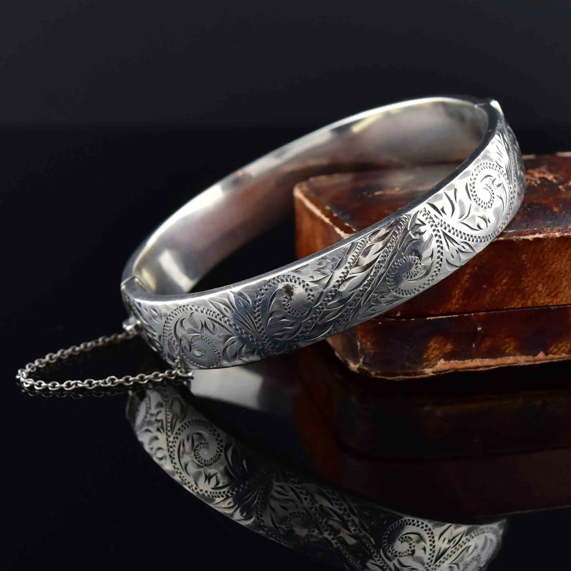 Vintage Sterling Silver Ornate Engraved Bangle Bracelet