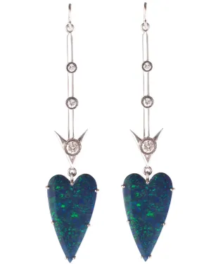White Gold Diamond and Opal Heart Drop Earrings
