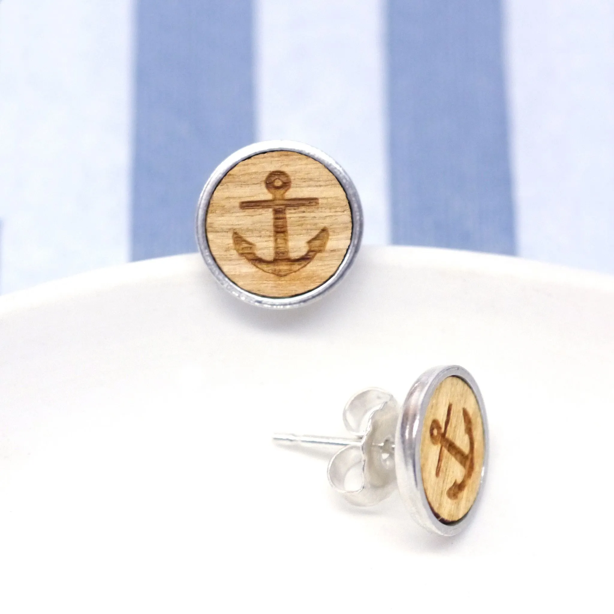 Wooden Anchor Stud Earrings